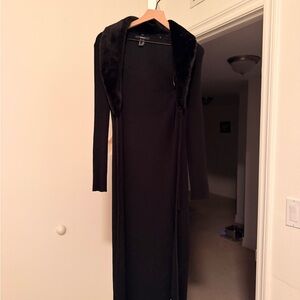 Forever 21 Black Longline Coat with Faux Fur Collar